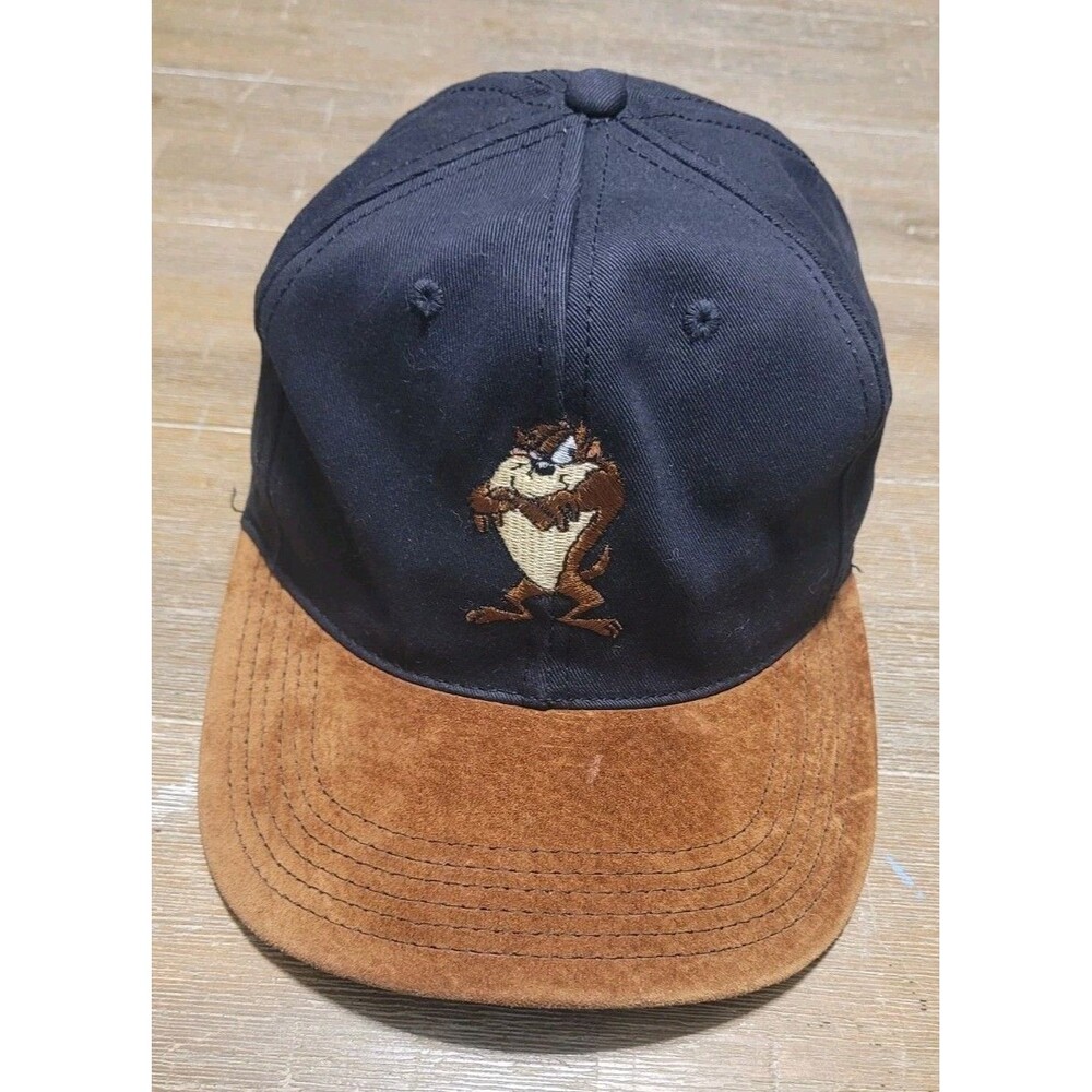 Vtg 1995 Tasmanian Devil Hat Cap Taz Black Brown SnapBack Suede Warner Bros USA